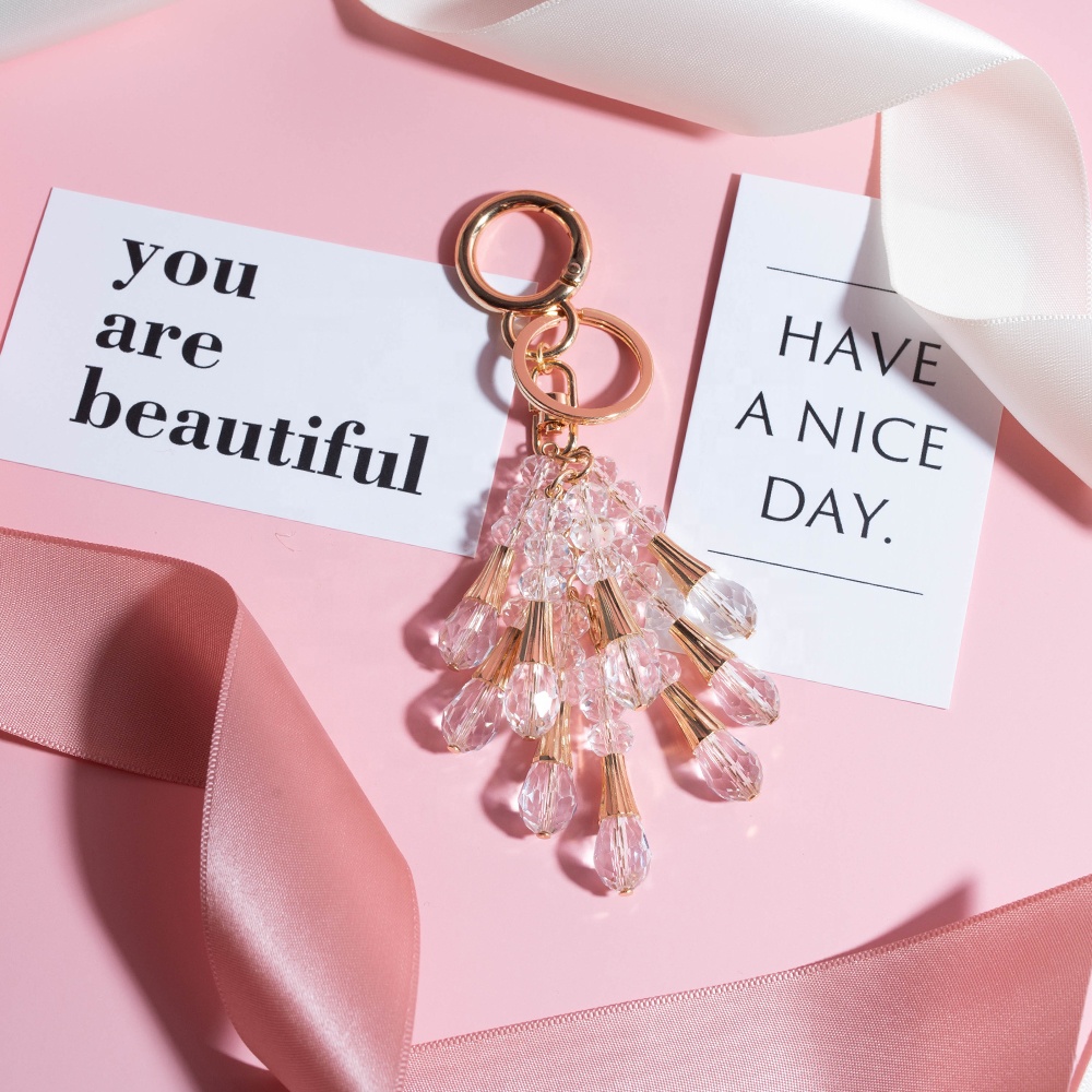 Ins hot sale shiny bling bling dangling crystal glass strings gold plated car bag wallet key chains key rings for women
