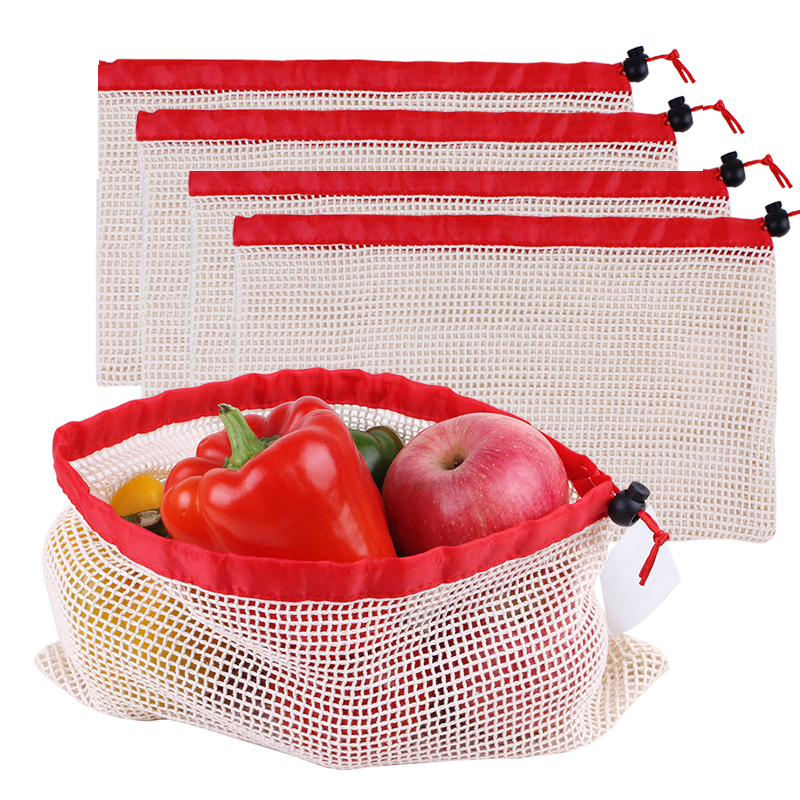 100% Organic Reusable Grocery Cotton Mesh Bags For Vegetable Storage