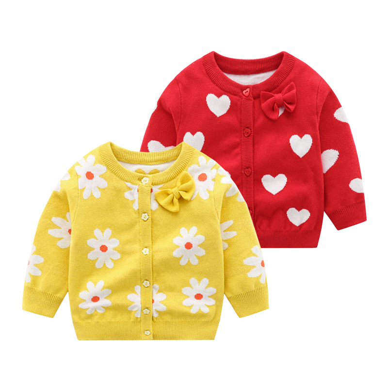 Cute Toddler Sweater Floral Heart Print Long Sleeve Bow Cotton Knitted Cardigan Baby