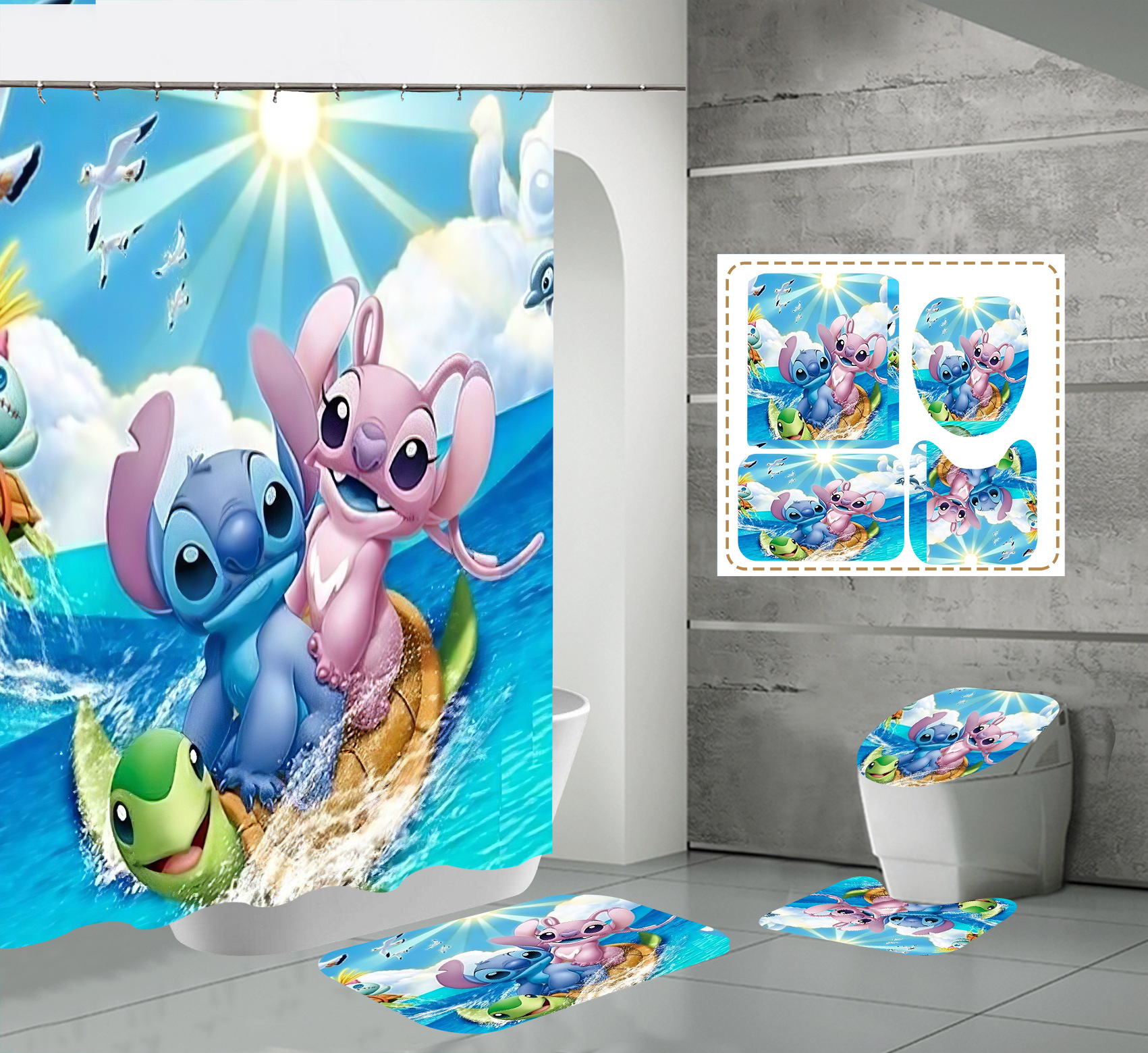 Stitch Cute Anime Cartoons Juego De Cortinas De Bao Designers 3D Digital Printing Custom Logo Shower Curtains
