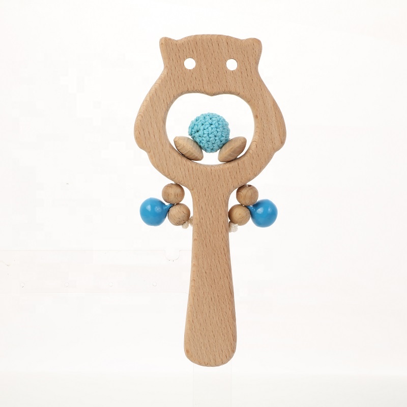 Newborn baby toys educational colorful owl shape baby rattles toys custom beech wooden toy rattle
