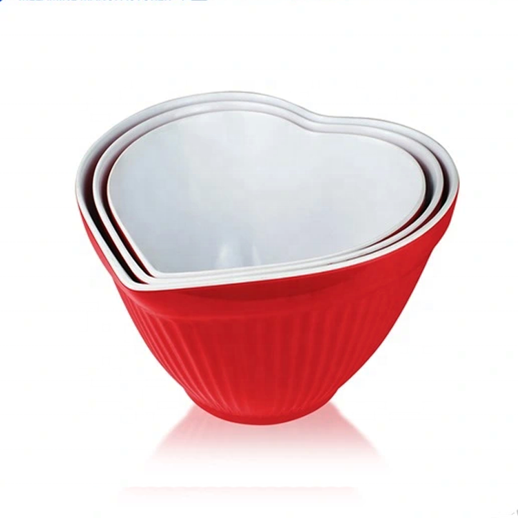 Custom Logo Color Heart-Shape Wedding Party Used Plastic Melamine Mixing Salad Bowl Set