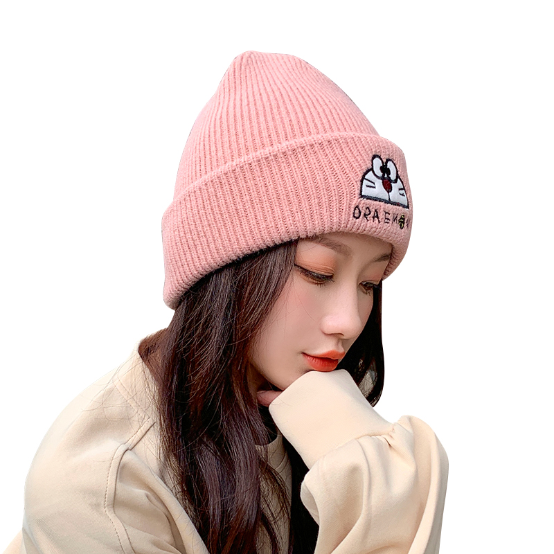 Autumn Winter Knitted Woolen Hat Outdoor Warm Doraemon Embroidery Beanie Thick Knit Hat Winter For Winter