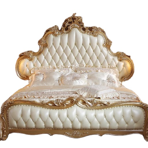 2021 Modern Hand Carved Luxury genuine leather beds Vintage French Design Bedroom Furniture Royal Master Bed frame