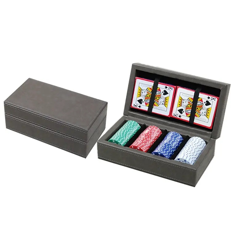 Custom PU PVC Leather Poker 2 Playing Card with 100 Pieces Poker Chips Set Case Box