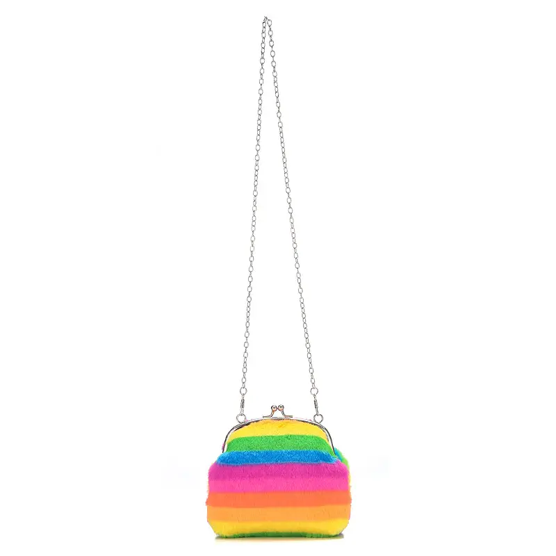 2022 Wholesale kids fluffy shoulder bag little girl cute purses crossbody rainbow plush chain purse