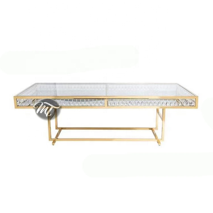 2021 Modern crystal design rectangular banquet hall event gold stainless steel dining wedding table with mirrored glass top