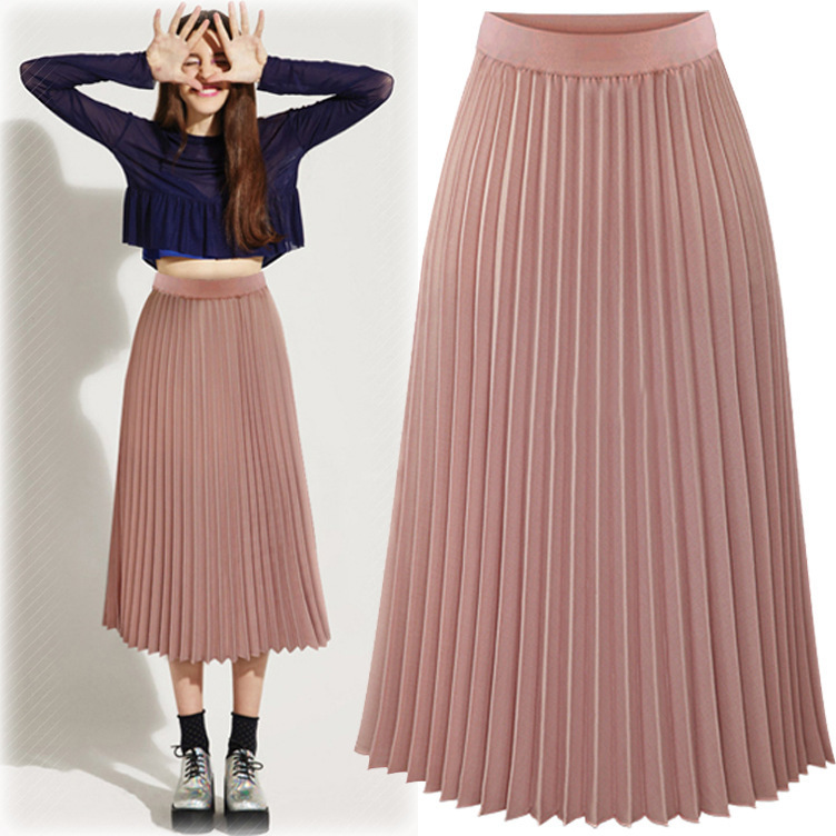 Casual High Waist Simple Outdoor Chiffon Pleated Skirt Pure Color Elegant Long Skirts For Ladies