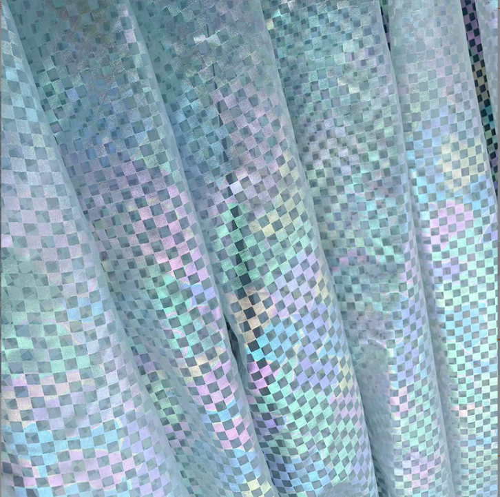 100%Polyamide Bronzing Checkerboard Holographic Fabric Fluorescent Fabric Colorful Shiny Gauze Fabric for Stage Wedding Decor
