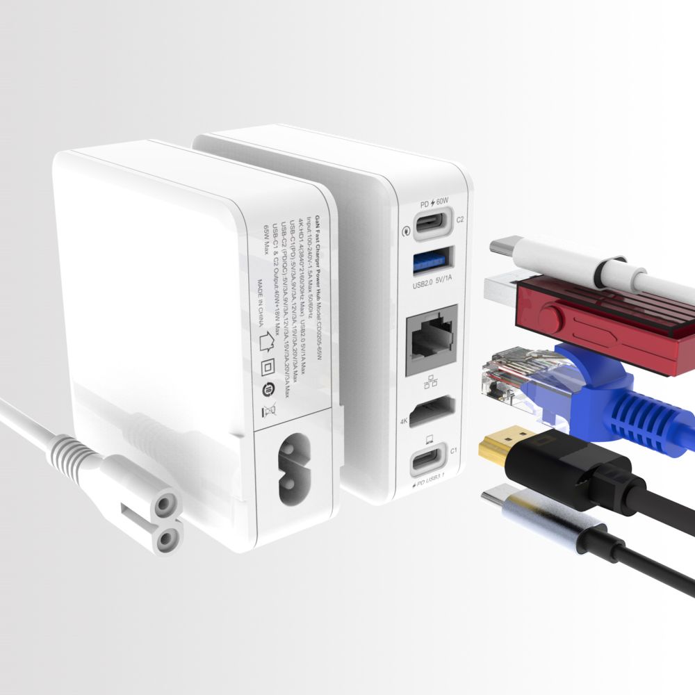 Док-станция для ноутбука с 5 портами Type-C HD USB2.0 RJ45, док-станция 65 Вт, зарядное устройство для ноутбука