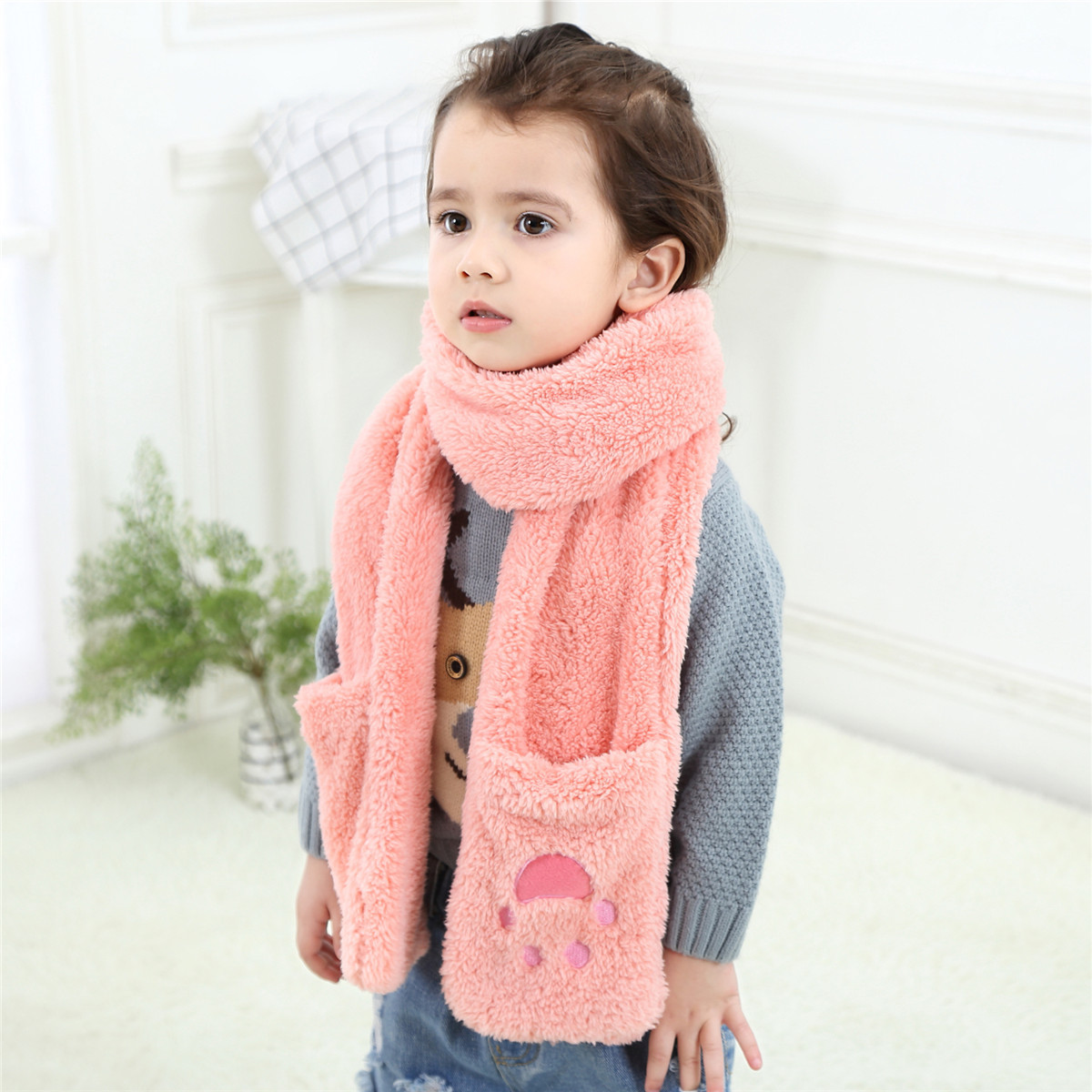 Pink Pocket Neck Warmer Baby Girls Winter Kids Warm Coral Fleece Scarf Children