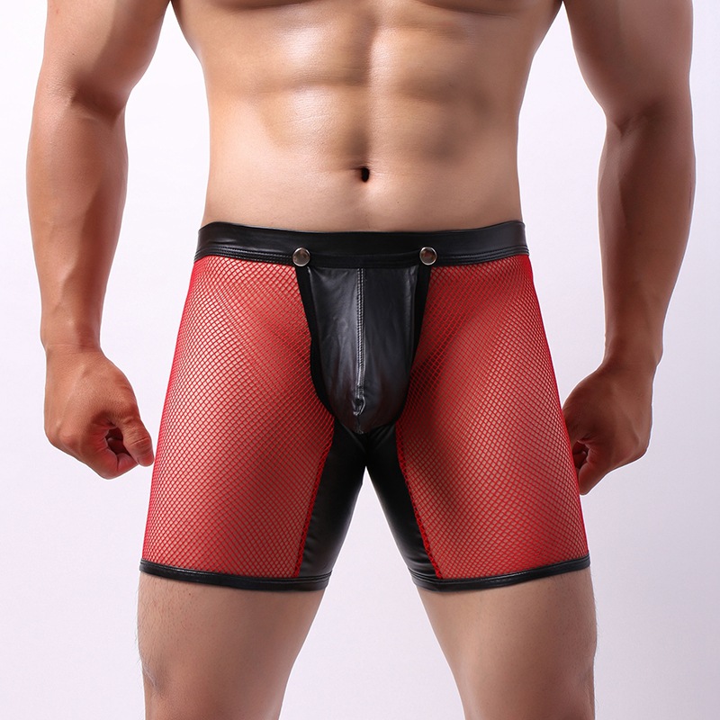 Hot sale sexy fishnet boxer briefs gay open back separation removeable pouch hollow comfortable sexy boxer shorts men
