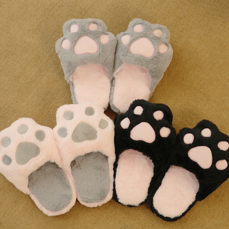 Cotton slippers female simulation rabbit fur cat paw slippers indoor home plush pantuflas