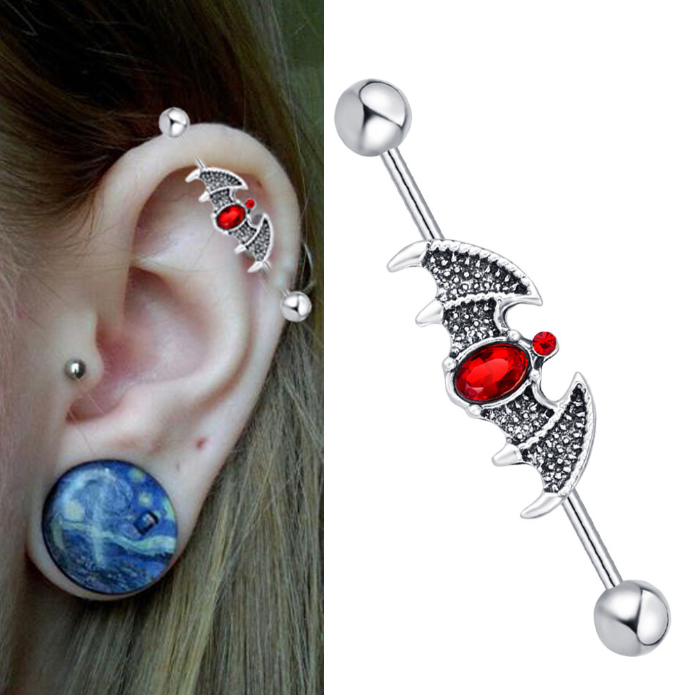 Long new EBAY AliExpress WISH black bat industrial earrings tongue pin ear tunnels and plugs for piercing