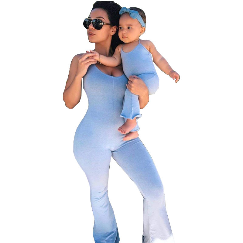 2021 mother and daughter clothes summer blue casual one piece jumpsuit mommy and me jumpsuit family matching outfits