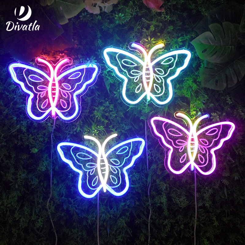 DIVATLA Hot Sale Pink Blue Butterfly 5v Tube Lamp Home Neon Sign Clear Acrylic Neon Night Light