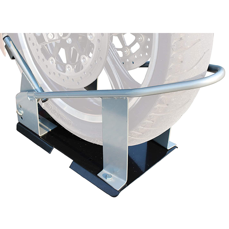 JH-Mech Motorcycle Wheel Chock with Pivoting Cradle High Capacity Steel Wheel Lock And Load Motorbike Stand