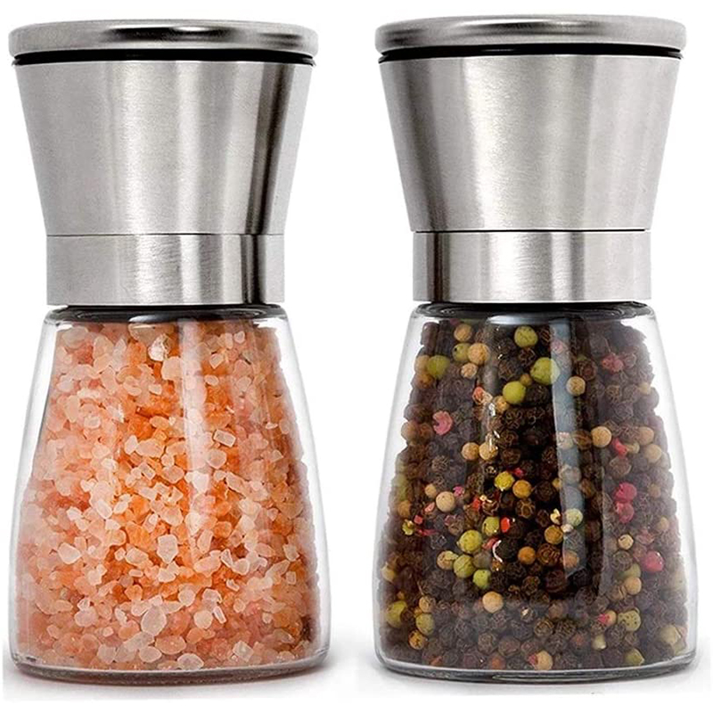 Salt and Pepper Grinder Mill Set Salt and Pepper Shakers Brushed Stainless Steel Glass Body