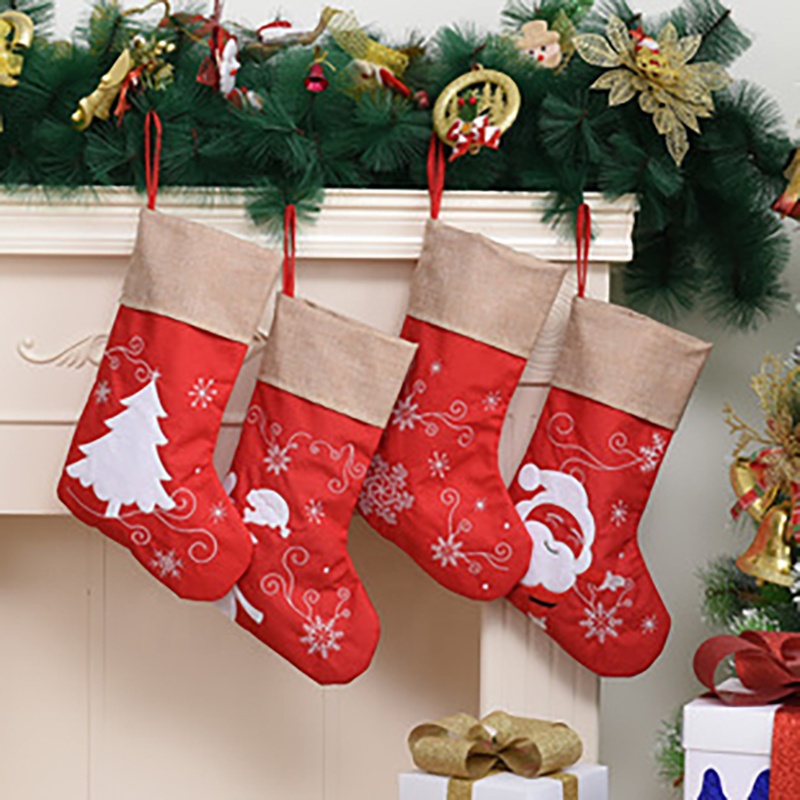 Wholesale Baby Embroidered Plush Mini Christmas Stocking Knitted Grey Pink Canvas Christmas Stocking
