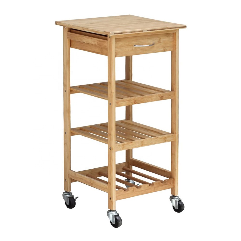 Hot sale bamboo 4 tile vegetable food rack storage serving trolley rolling cart with drawer and wheels wooden kitchen trolley
