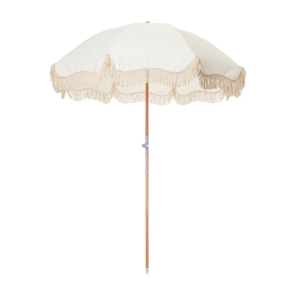2020 High Quality Outdoor Umbrellas, Foldable Fringe Luxury Logo Printed Wood Tassel Beach Umbrella With Windproof Frames/