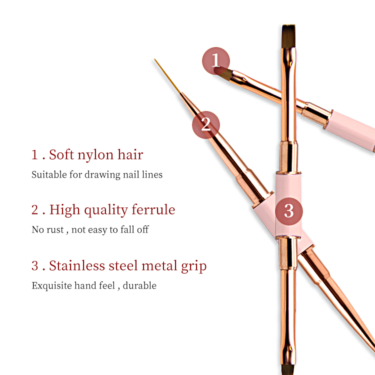 New Design 2 in 1 Two Sides Nylon Hair Flat Gel Brush Manicure Art Tools Rose Gold Pink Dual Ended Nail Liner Brush Detail Pen