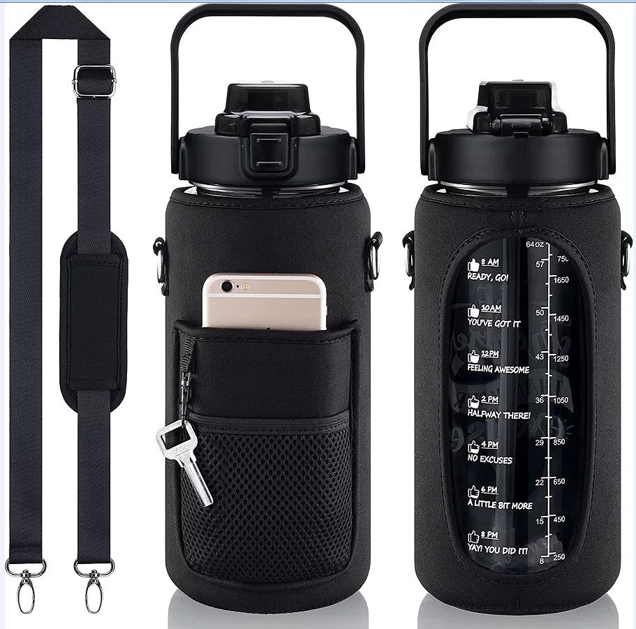 Sports Plastic Water Bottle с Straw Handle, Gym Fitness, Outdoor 64 унций, Custom Logo с Sleeve, adjustable Shoulder Strap, 2L