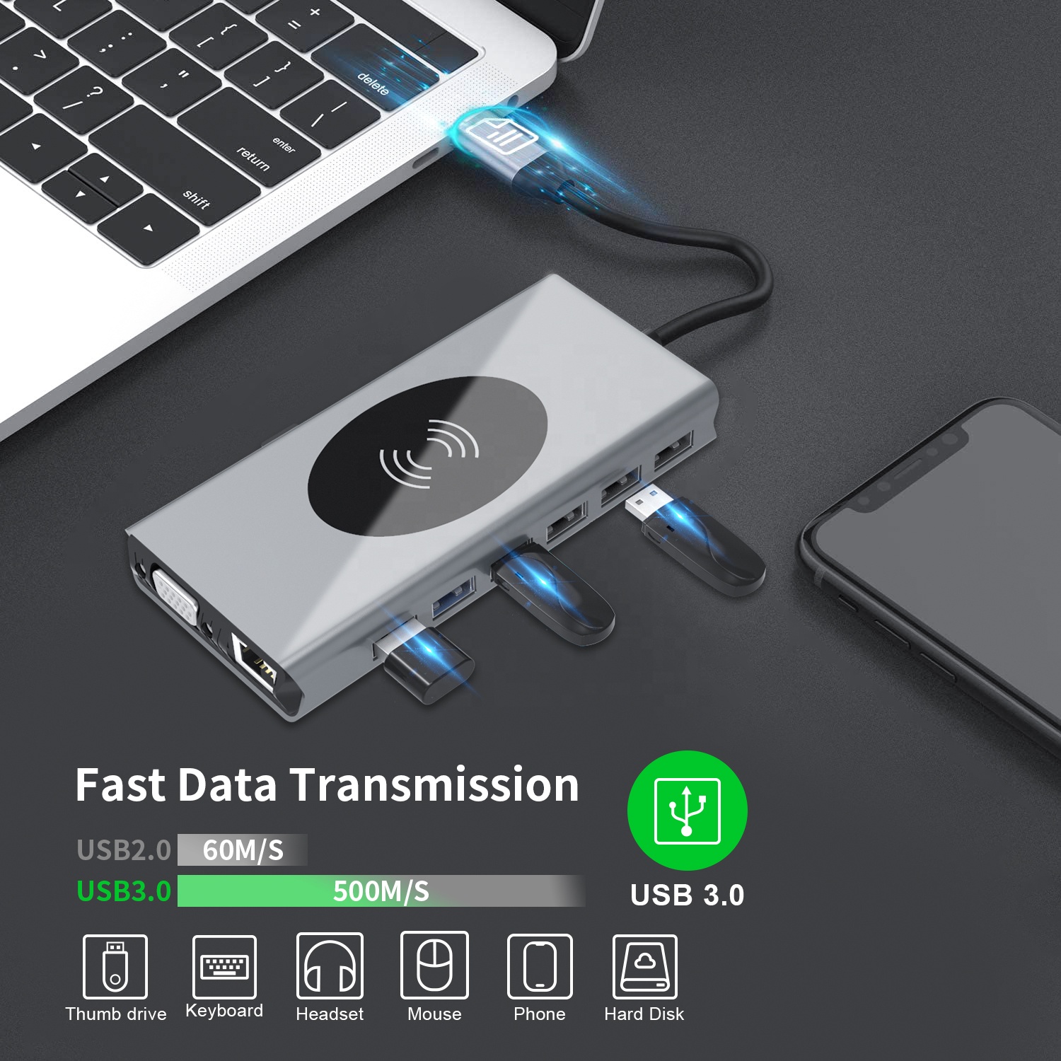 basix 15in1 Wireless charging hub usb adapter for macbook pro