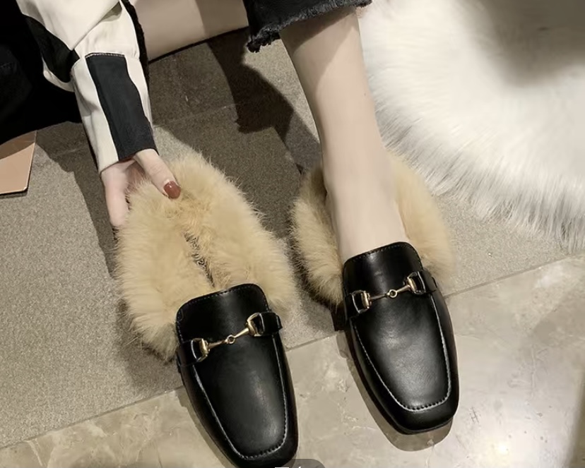 fur slipper Comfortable women leather shoes flat shoes