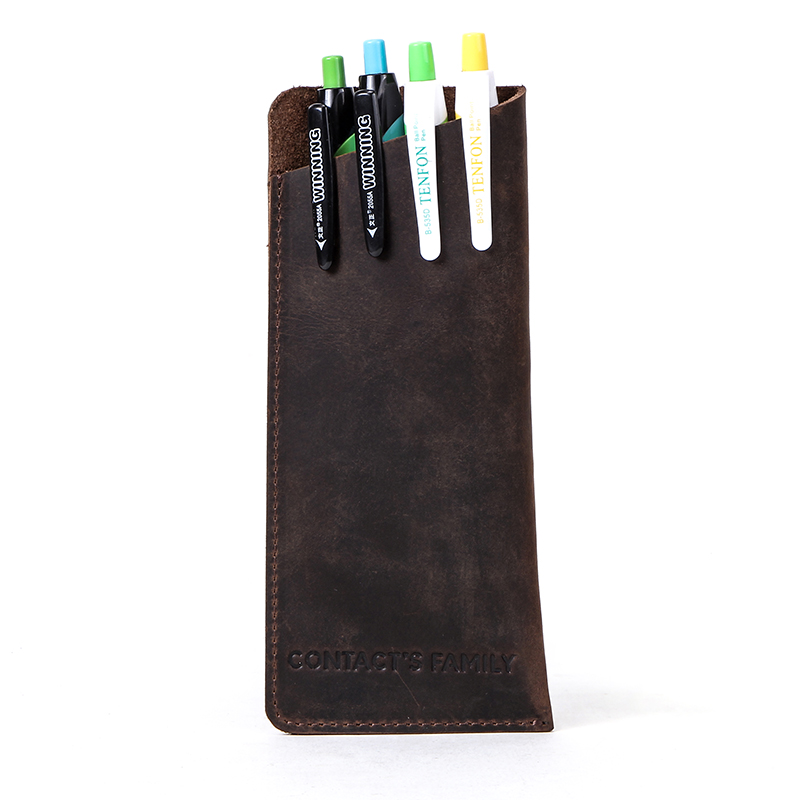 Vintage Handmade Large Coffee Crazy Horse Leather Pen Case Holder Cowhide Fountain Pen Protective Sleeve Pen Pouch