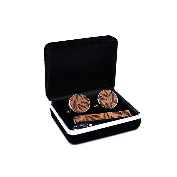 Cheap classic novelty wooden cuff link and Tie Clip Set With Box Package wood cufflinks for men