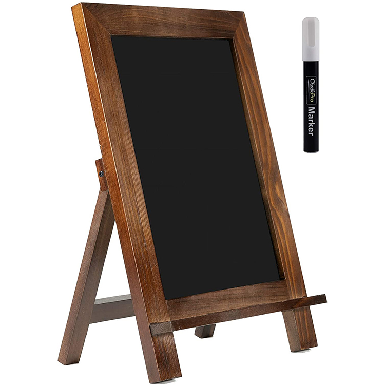 Yellow brown standing frame magnetic logo shows wooden blackboard