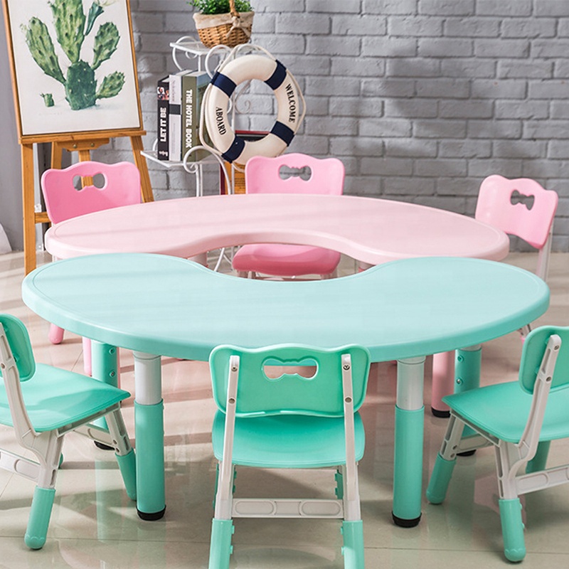 High quality kindergarten plastic table and chair set children moon style desk and chair school furniture set for sale