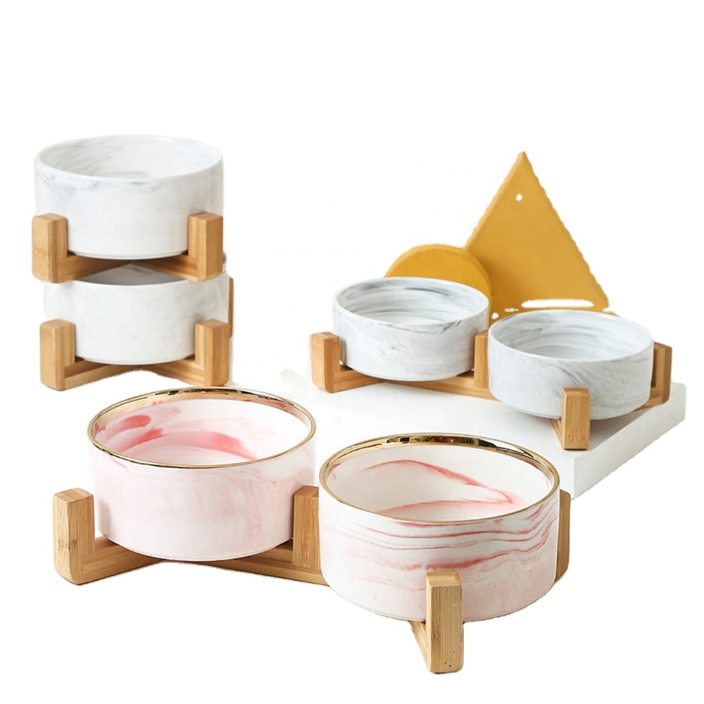 LIHONG Feeding Slow Nordic Stone Blank Wood Stand Cat Dog Bowl Elevated Ceramic Dog Bowls Pet Bowls & Feeders