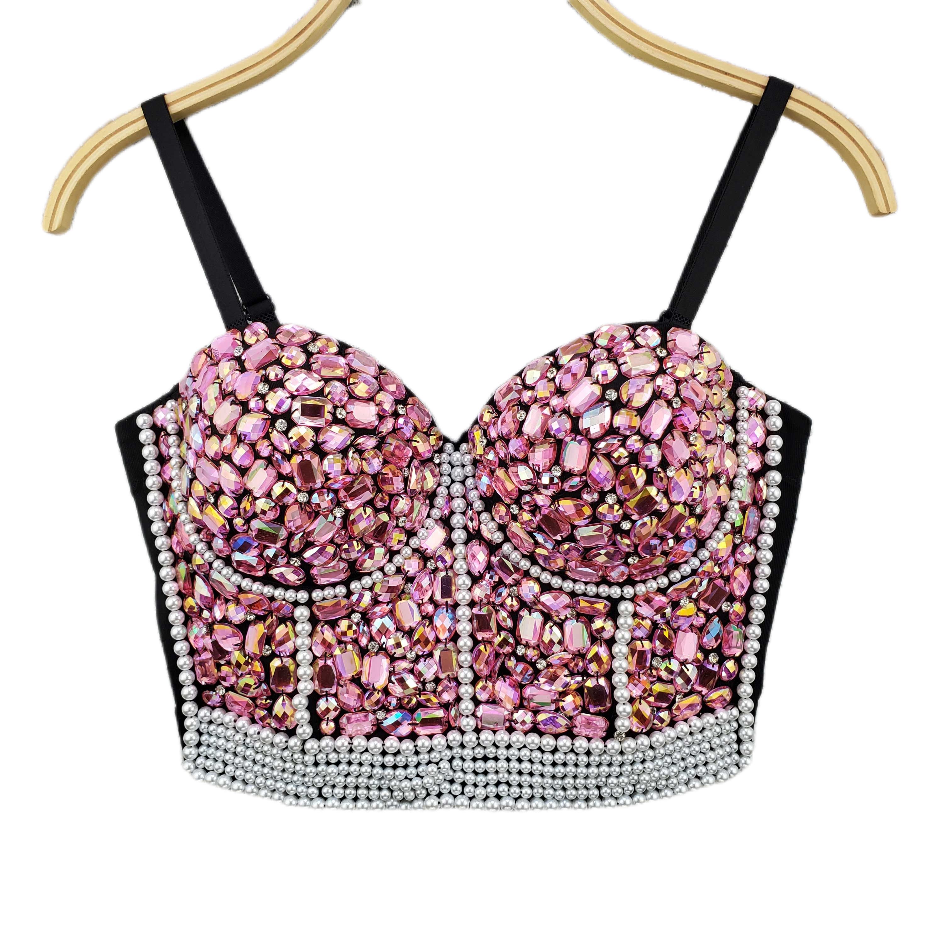 Bead Pearls Diamond Push up Night Club Bralette Women's Bra Bustier Corset Crop Top Queen Rhinestone New Fashion Sexy Plus Size