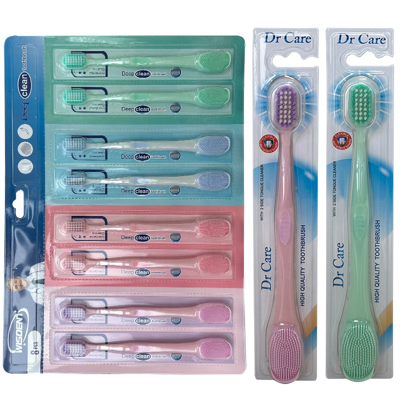 8PCS Toothbrush In A Box Manual Soft With Tongue Cleaner BPA Free Customized LOGO Package TPR Tongue Scraper