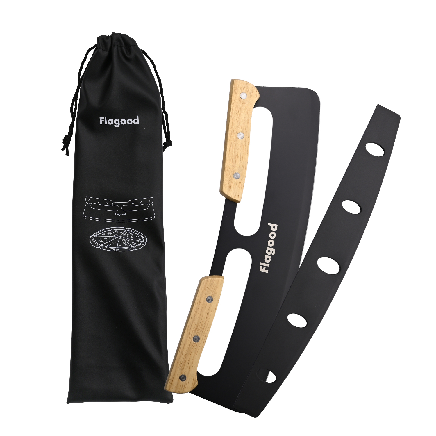 Dishwasher Safe Black Blade Pizza Slicer Kitchen Multi-purpose Stainless Steel Pizza Cutter with wood handle