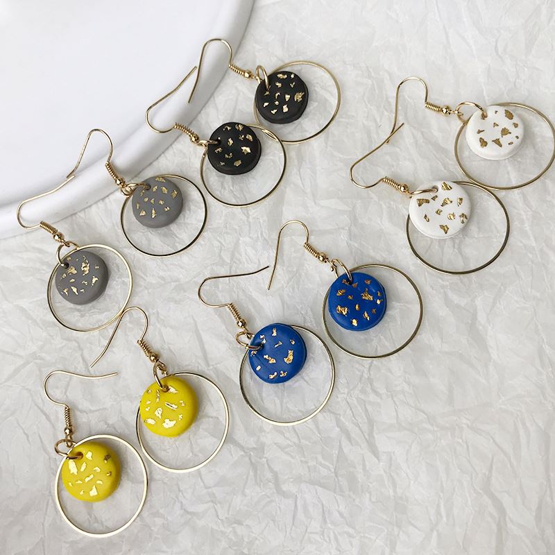 Geometry Brief Drop Earrings Metal Soft Pottery Handmade Hoop Earrings Round Pendant Gold Foil Texture Hoop Earrings Jewelry