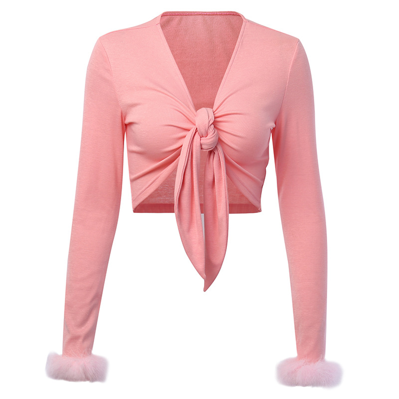 Pink V-Neck Sexy Women Shirt Front Lace up Long Sleeve Patchwork Feathers Cute Cropped Skinny Fall Short fur Tops