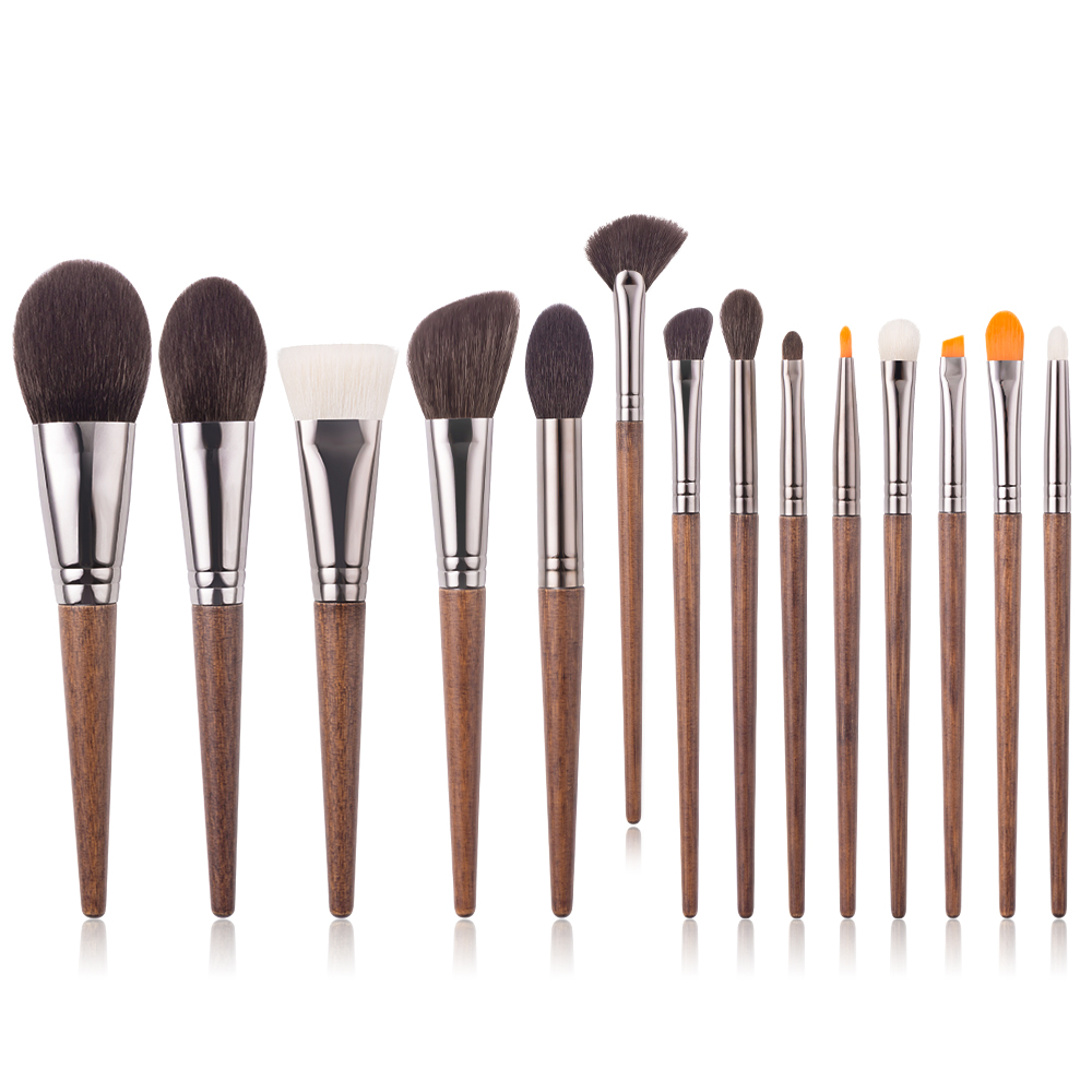 BEILI high quality makeup brush set 14pc Natural wood handle Goat Pony Synthetic hair eye shadow brush Powder brush