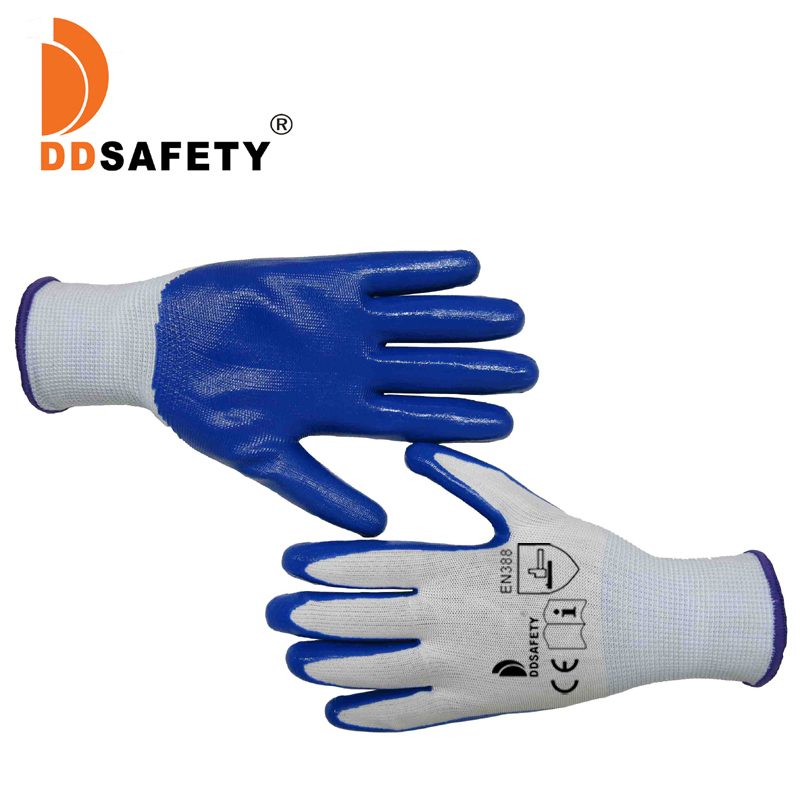 DDSAFETY фабрики 13 калибр полиэстер лайнер голубые нитриловые перчатки с покрытием работу