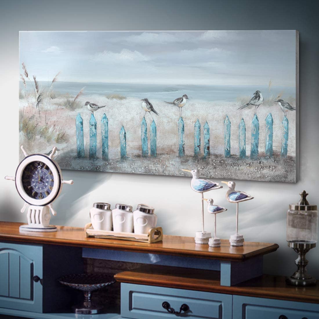 Large Living Room Wall Art Hand-Painted 3D Seascape Canvas Oil Painting Ocean Beach Coastal Picture Artwork for Home Decorations