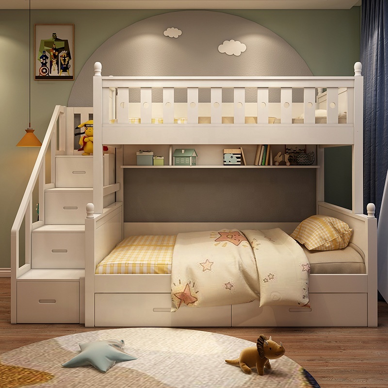 White color children bedroom set cheap price high quality wooden bunk bed for kids with drawers