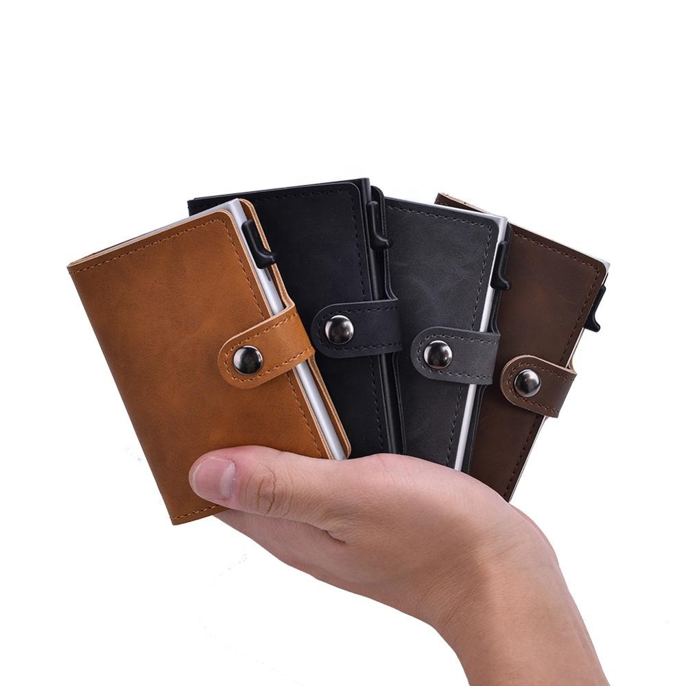 Пользовательские логотип Алюминий RFID держатель карты бумажник поставщика искусственная кожа металл держатель кредитной карты Pop Up