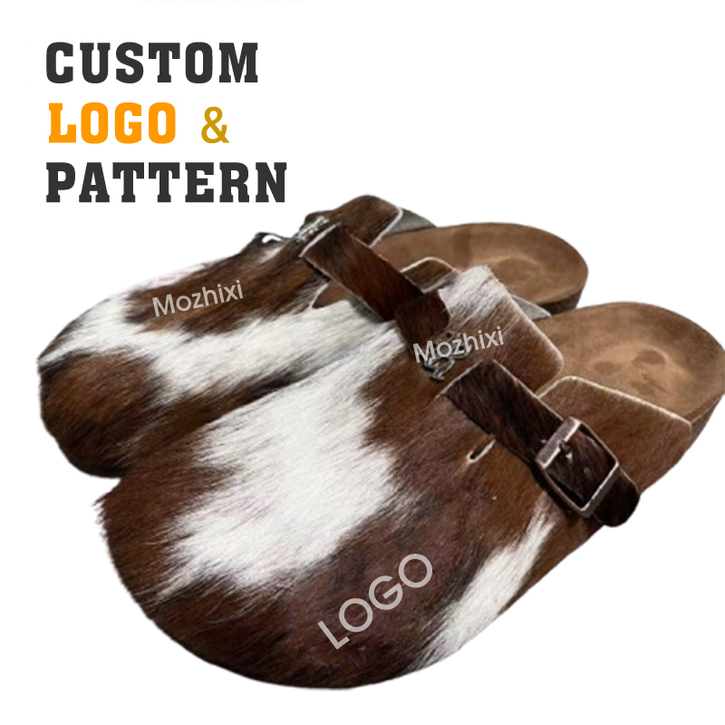 Oem Wholesale Western Style Soft Anti Slip Buckled Start Print Cow Animal Plush Leather Custom Slippers Semi-encircle