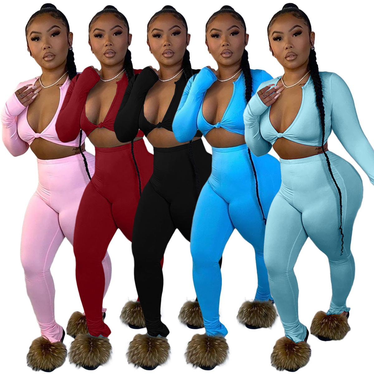 2021 cheap hot sale sexy fall long sleeves pants suit women's two piece set