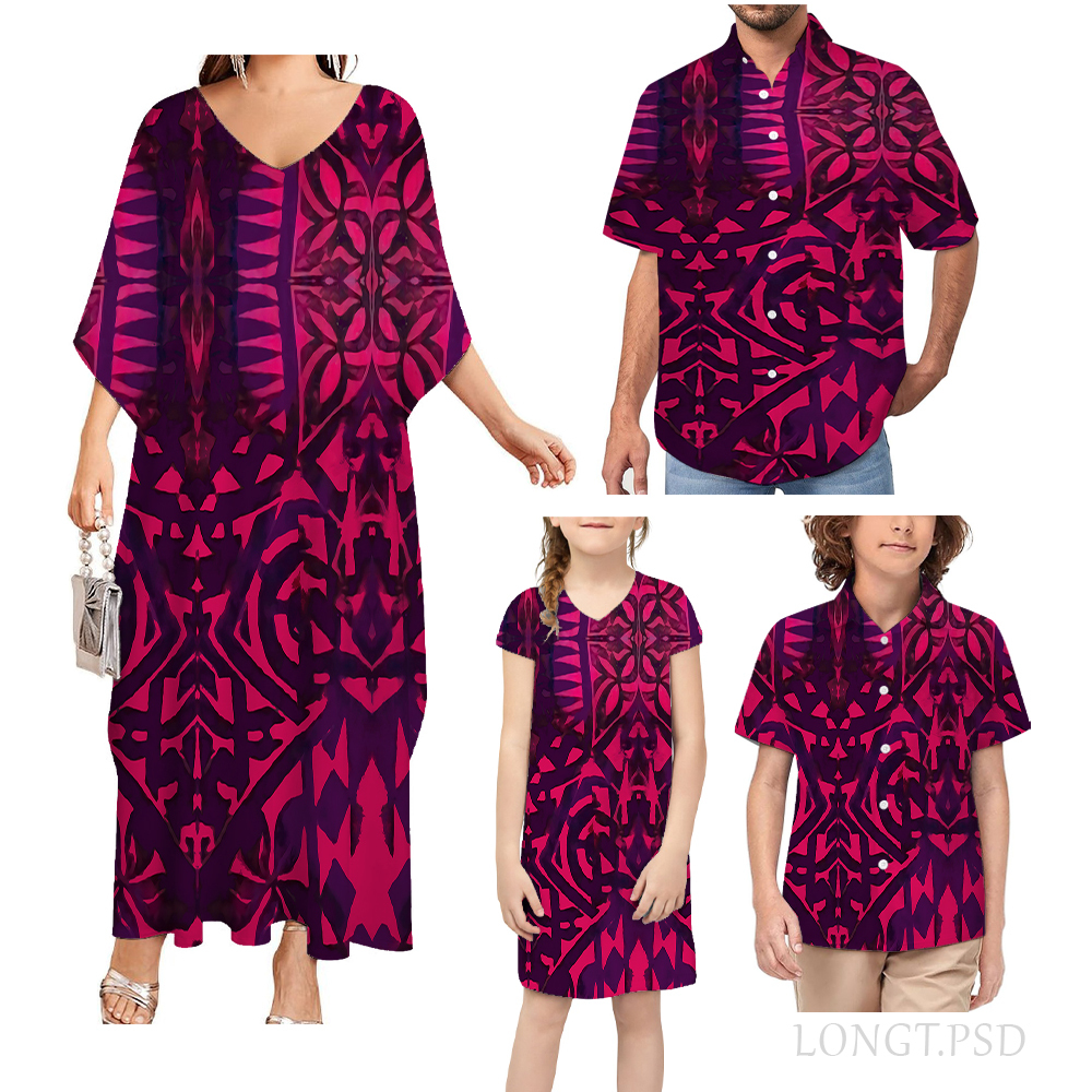 Brand New Product Custom Women's Dress Men's Shirt Family 4-piece Set Print Polynesian Samoan Tribal Polynesian Samoan Tribal