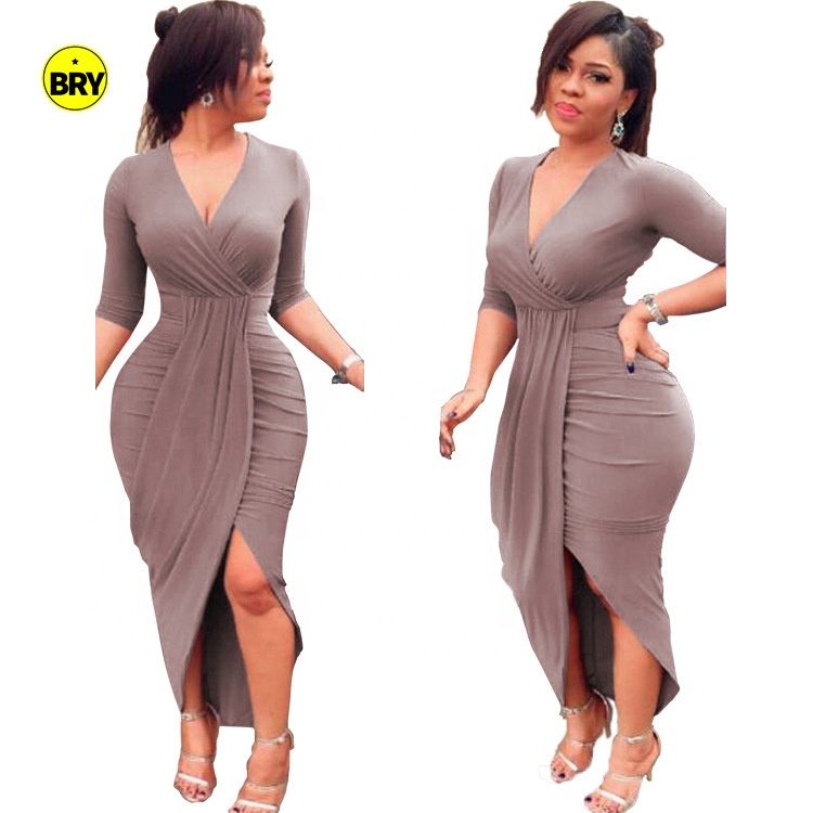 2021 summer new fashion hot sale solid color splice sexy tight long sleeve V-neck dress women dresses elegant split dress