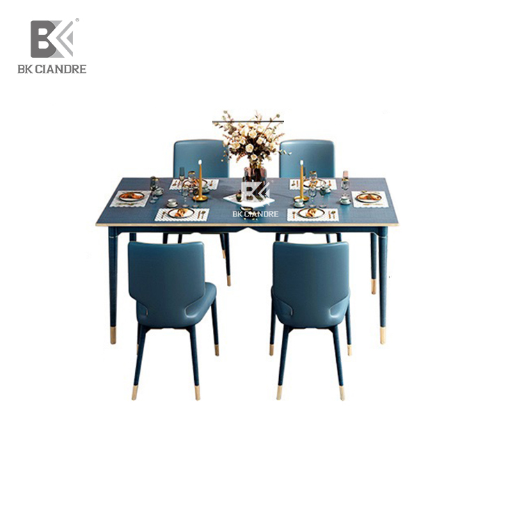 Scandinavian Dark Blue Marble Solid Wood Dining Tables Rectangle Dining Tables Sets and Chairs