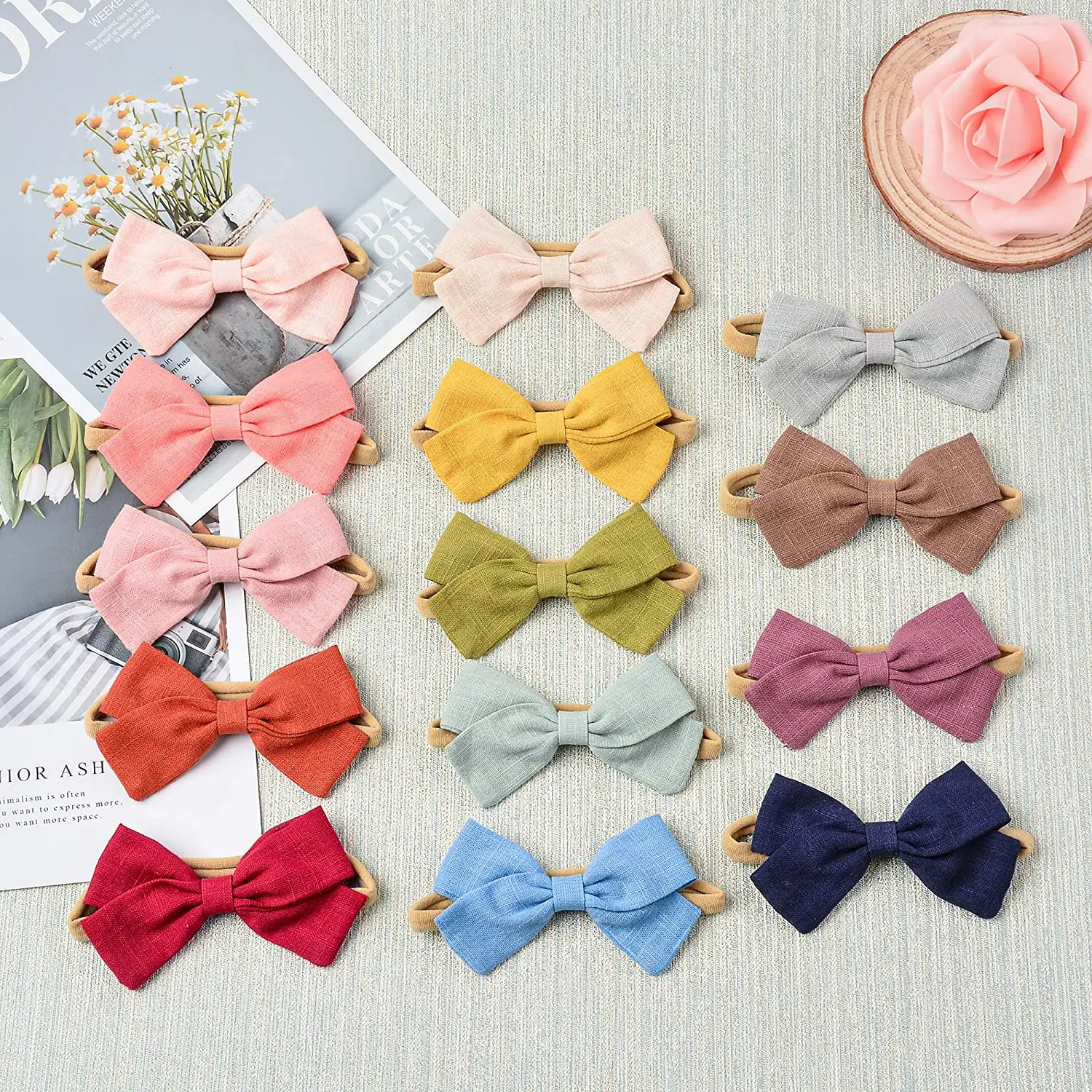 Baby Girls Nylon Headbands Linen Hair Bows Hairbands Handmade Hair Accessories for Newborn Infant Toddlers Kids